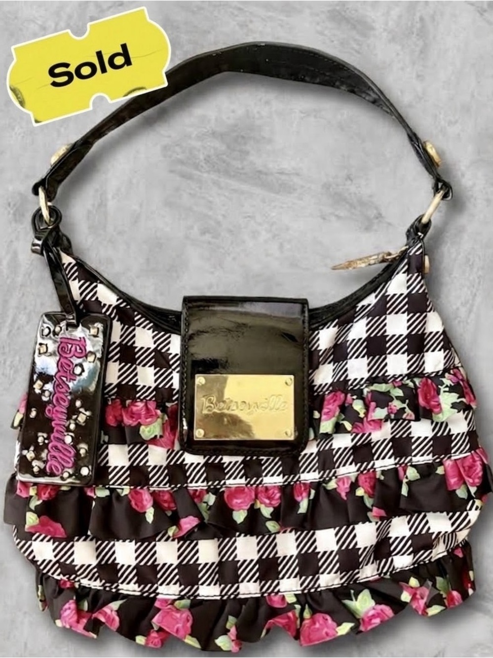 Betsey Johnson Betseyville Black & White Gingham Purse w/ Pink Roses🌹 Whimsigoth